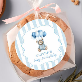 Blaue Luftballons Teddybär Geburtstagsaufkleber Runder Aufkleber