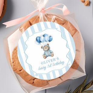 Blaue Luftballons Teddybär Geburtstagsaufkleber Runder Aufkleber