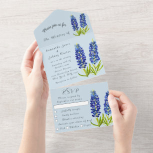 Blaue Lupinen-Aquarell Texas-Hochzeit All In One Einladung