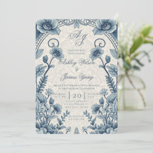 Blaue Luxuriöse Florale Botanische Hochzeitseinlad Einladung