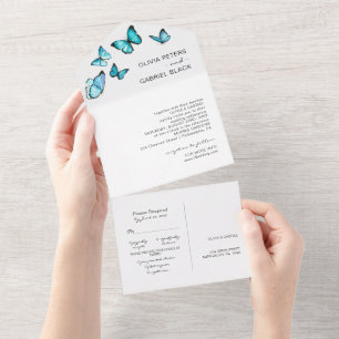 Blaue Luxusschmetterlinge. Elegante luftige Hochze All In One Einladung