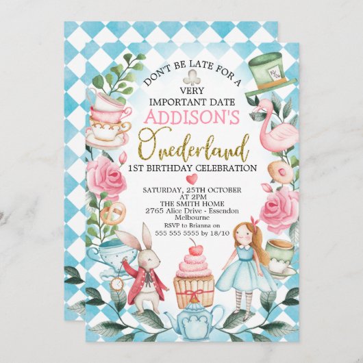 Blaue Mädchen in Onderland Einladung (Vorne/Hinten)