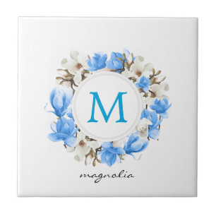 Blaue Magnolia-Wreath-Monogramm Fliese