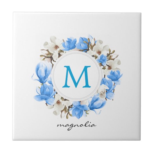 Blaue Magnolia-Wreath-Monogramm Fliese (Vorderseite)