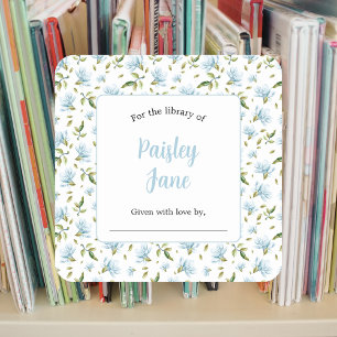 Blaue Magnolien-Baby-Shower-Bookplate-Aufkleber Quadratischer Aufkleber