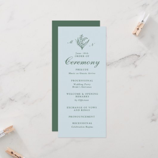 Blaue Maiglöckchen-Monogramm-Hochzeitsprogramm Einladung (Vorderseite/Rückseite Beispiel)