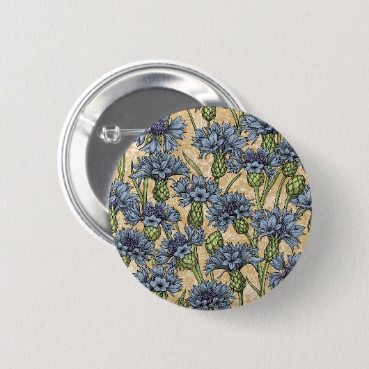 Blaue Maisblumen, wilde Blume auf Honiggelb Button (Vorne & Hinten)