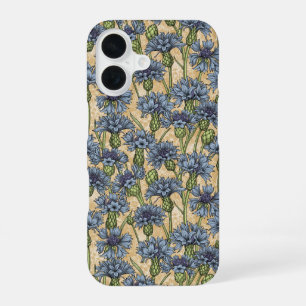 Blaue Maisblumen, wilde Blume auf Honiggelb iPhone 16 Hülle