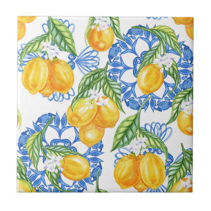 Blaue Majolika-Fliese und Aquarell-Limonen Fliese