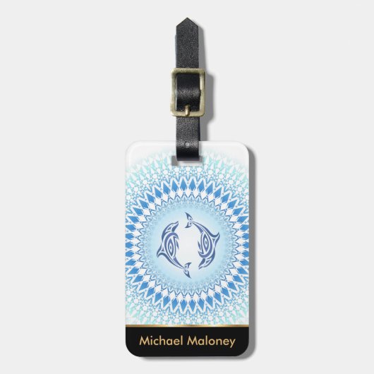 Blaue Mandala-Delphine Gepäckanhänger (Vorderseite vertikal)