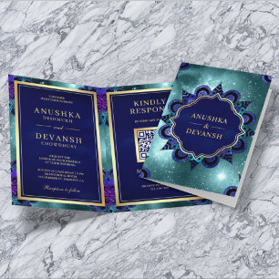 Blaue Mandala-QR-Code Teal Galaxy Indische Hochzei Einladung
