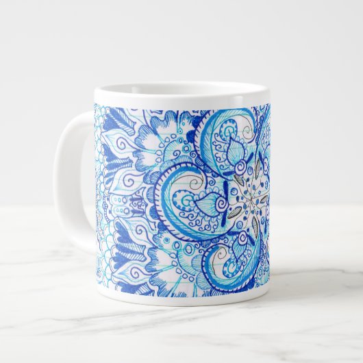 blaue Mandalaentwurfs-Tasse Jumbo-Tasse (Vorderseite Links)