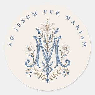 Blaue Marianische Monogramm Katholische Lilien Runder Aufkleber
