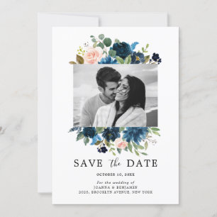 Blaue Marine-Rosa-Rose Botanisches Foto Save The Date