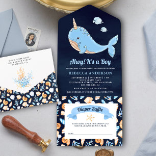 Blaue Marine unter dem Meer Narwal Baby Shower All In One Einladung
