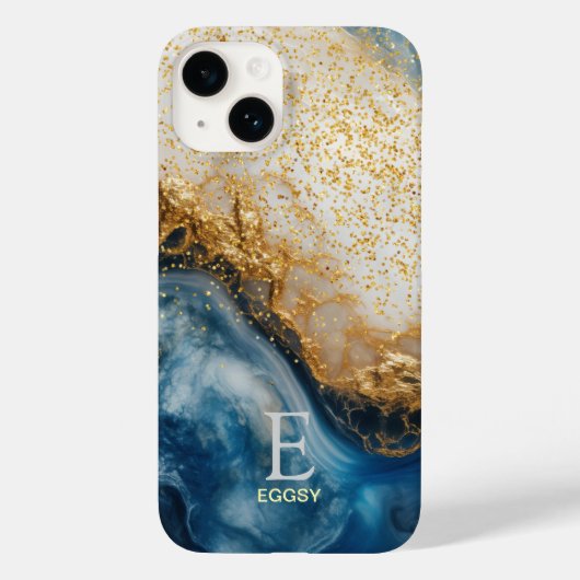 Blaue Marmor-Chic-Gold-Glitter-Monogramm Case-Mate iPhone Hülle (Rückseite)
