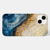 Blaue Marmor-Chic-Gold-Glitter-Monogramm Case-Mate iPhone Hülle (Rückseite (Horizontal))