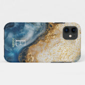 Blaue Marmor-Chic-Gold-Glitter-Monogramm Case-Mate iPhone Hülle (Rückseite (Horizontal))
