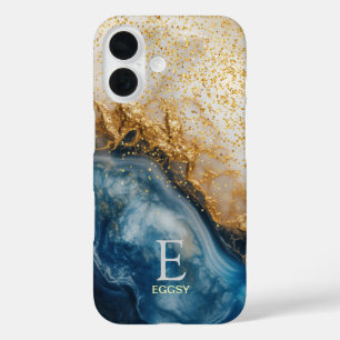 Blaue Marmor-Chic-Gold-Glitter-Monogramm iPhone 16 Hülle