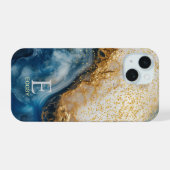 Blaue Marmor-Chic-Gold-Glitter-Monogramm iPhone 15 Hülle (Rückseite (Horizontal))
