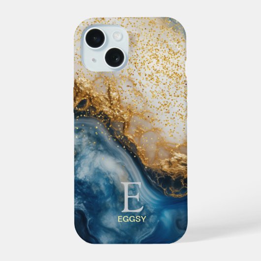 Blaue Marmor-Chic-Gold-Glitter-Monogramm iPhone 15 Hülle (Rückseite)