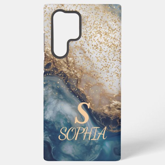 blaue Marmor Chic Gold Glitter Monogramm Samsung Galaxy Hülle (Rückseite)