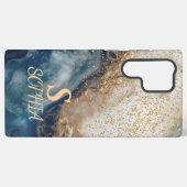 blaue Marmor Chic Gold Glitter Monogramm Samsung Galaxy Hülle (Rückseite (Horizontal))
