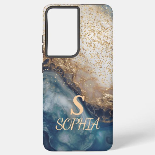 blaue Marmor Chic Gold Glitter Monogramm Samsung Galaxy Hülle (Rückseite)