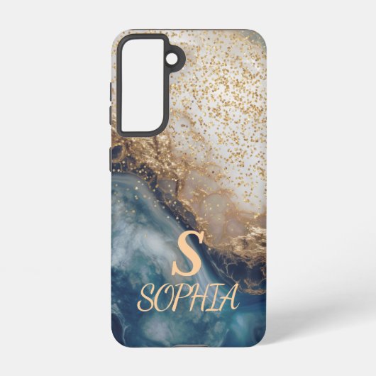blaue Marmor-Chic-Gold-Glitter-Monogramm Samsung Galaxy Hülle (Rückseite)