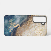 blaue Marmor-Chic-Gold-Glitter-Monogramm Samsung Galaxy Hülle (Rückseite (Horizontal))