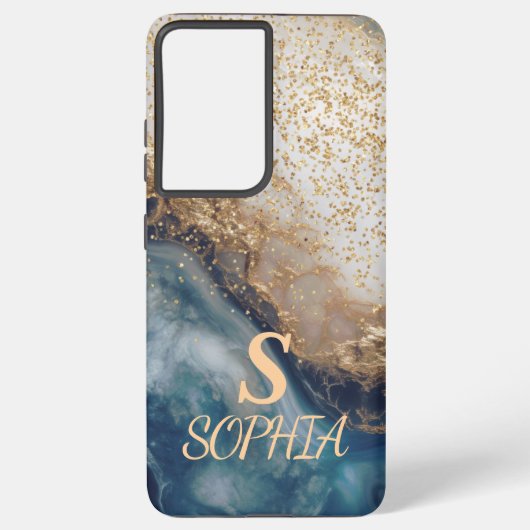 blaue Marmor-Chic-Gold-Glitter-Monogramm Samsung Galaxy Hülle (Rückseite)