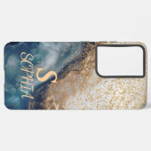 blaue Marmor-Chic-Gold-Glitter-Monogramm Samsung Galaxy Hülle (Rückseite (Horizontal))