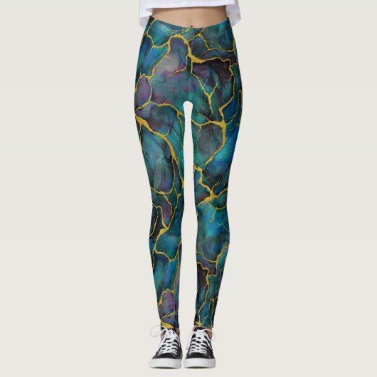 Blaue Marmor mit Goldveinen Leggings (Vorderseite)