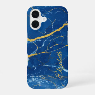 Blaue Marmor-Optik mit gelben Akzenten und individ iPhone 16 Hülle