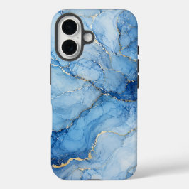 Blaue Marmor-Wasserfarben-Muster mit goldenen Ader iPhone 16 Hülle