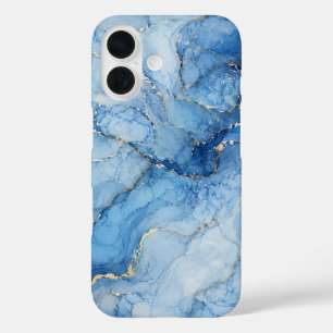 Blaue Marmor-Wasserfarben-Muster mit goldenen Ader iPhone 16 Hülle