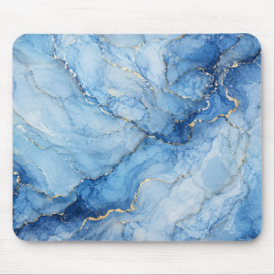 Blaue Marmor-Wasserfarben-Muster mit goldenen Ader Mousepad