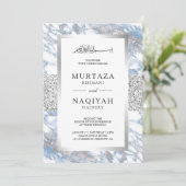 Blaue Marmorhochzeit mit Silberfolie Einladung (Stehend Vorderseite)
