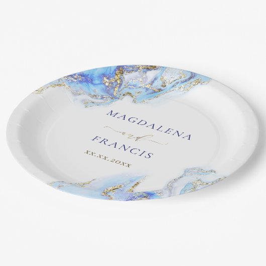 Blaue Marmorhochzeit Pappteller (Schrägansicht)