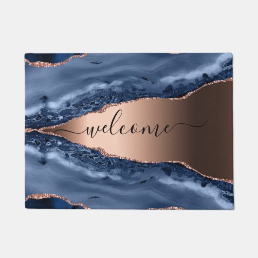 Blaue Marmormor-Rose Gold Begrüßungsschrift Fußmatte (Vorderseite)