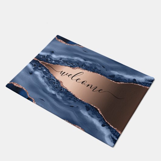 Blaue Marmormor-Rose Gold Begrüßungsschrift Fußmatte (Schrägansicht)