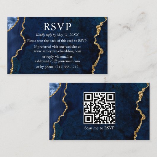 Blaue Marmorplatte HochzeitsrSVP QR Zurück Begleitkarte (Vorne/Hinten)