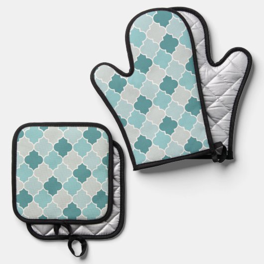Blaue marokkanische Trellis, Latticework, Quatrefo Ofenhandschuh & Topflappen-Set (Vorderseite/Rückseite)