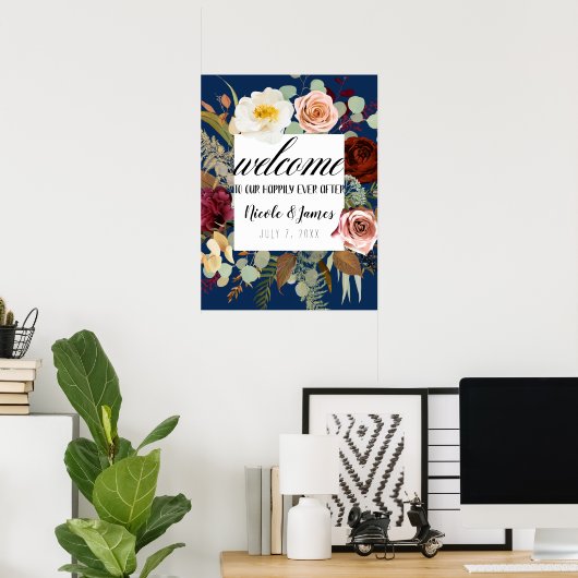 Blaue Marsala Rosa Blütenhochzeit Poster (Heimbüro)