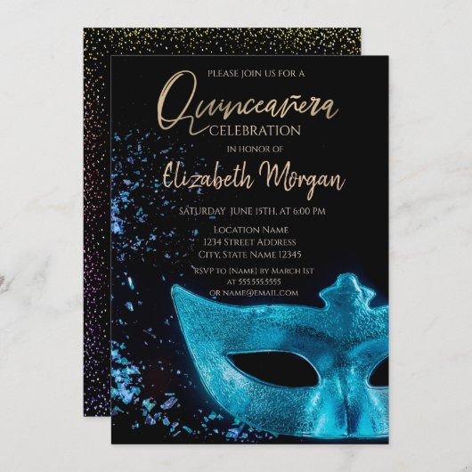 Blaue Maske, Confetti Quinceñera Einladung (Vorne/Hinten)