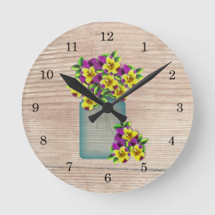 Blaue Mason-Glas-Stiefmütterchen-Wanduhr Runde Wanduhr