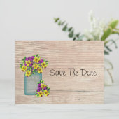 Blaue Mason Jar Stiefmütterchen Save The Date (Stehend Vorderseite)