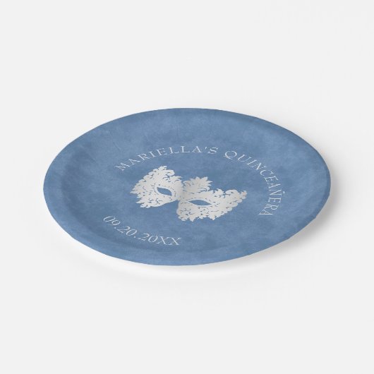 Blaue Masquerade Maske Elegante Pappteller (Schrägansicht)