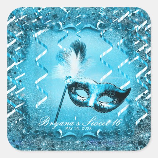 Blaue Masquerade Maske Elegantes Ball Party Quadratischer Aufkleber (Vorderseite)