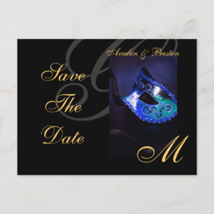 Blaue Masquerade Save the Date Postkarte